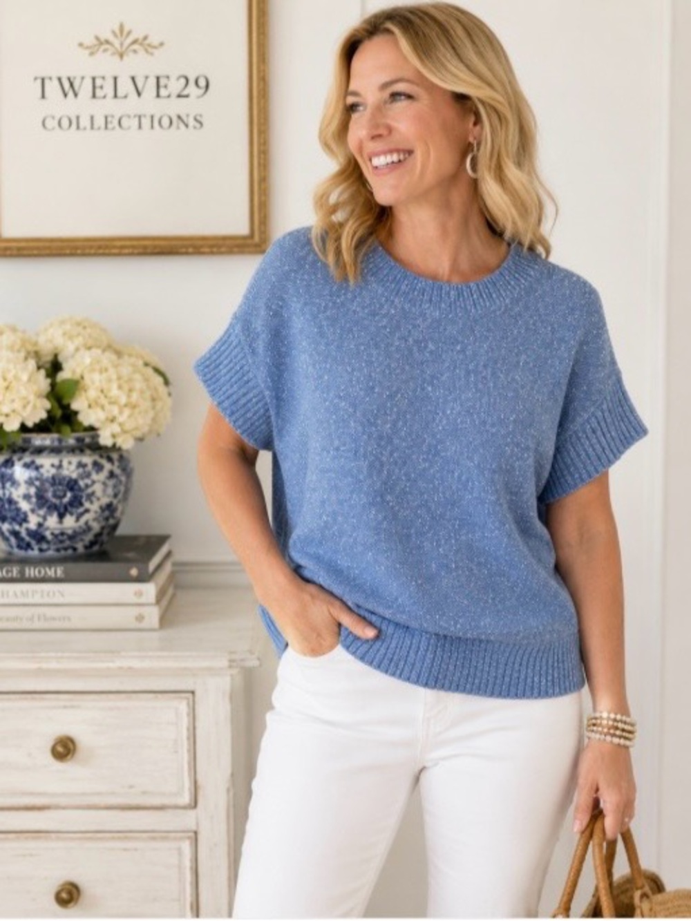 Loft Medium Short Sleeve Sweater Light Blue Textured Cotton Blend #758970